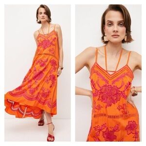 KAREN MILLEN Orange Pink Embroidered Ladder Trim Strappy Maxi Dress Size 10P NWT